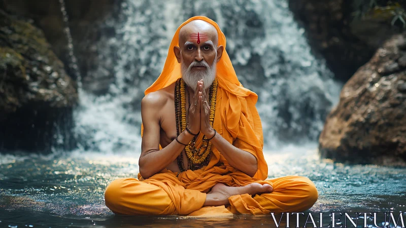 Monk in saffron calm holds stillness before roaring waterfall.