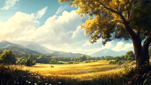 Golden field landscape under bright sky and lone tree.