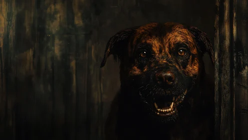 Midnight sentry dog grinning through the shadows of wood.