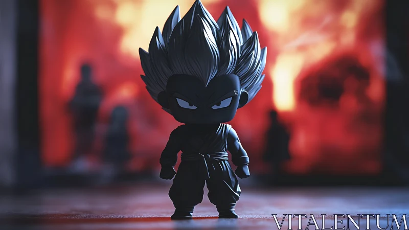 Chibi warrior figure stands bold against blazing bokeh backdrop