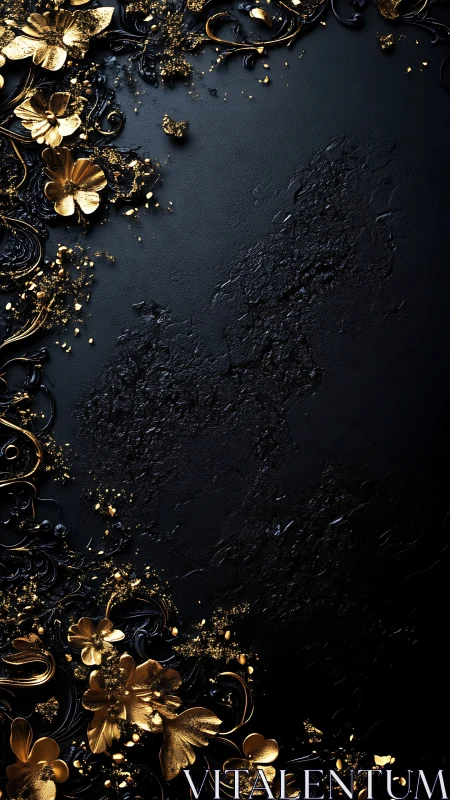 Golden floral relief ornaments contrast with matte black ground