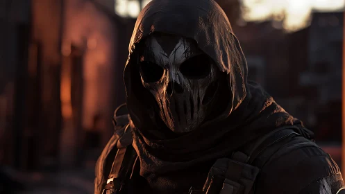 Hooded skull operative stalking war-torn streets at dusk.
