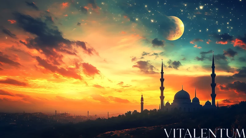 Crescent moon glows above silhouetted mosque at vivid sunset