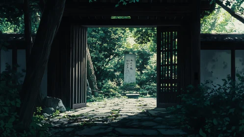 Sunlit wooden gate opening onto verdant Japanese garden.