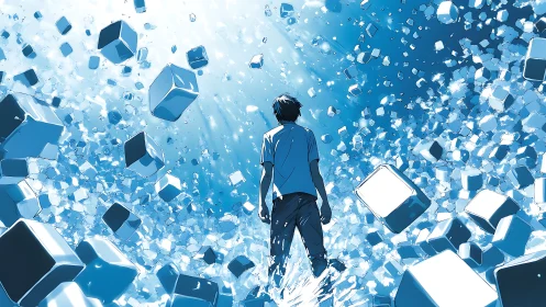 Boy strides through shattering data cubes toward light. Period.