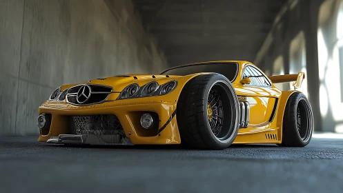 Low-slung golden supercar prowling an echoing concrete lair.