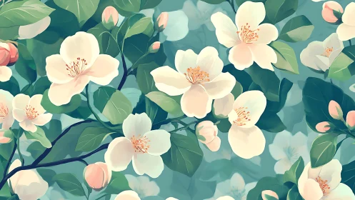Delicate white blossoms bloom among layered teal foliage