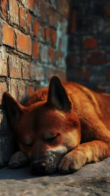 Dog lies sleeping on ground beside weathered brick wall