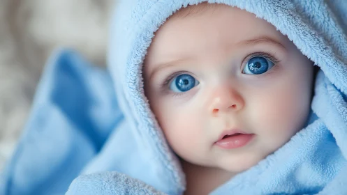 Infant in Blue: Wide-Eyed Expression and Soft Wrapping.