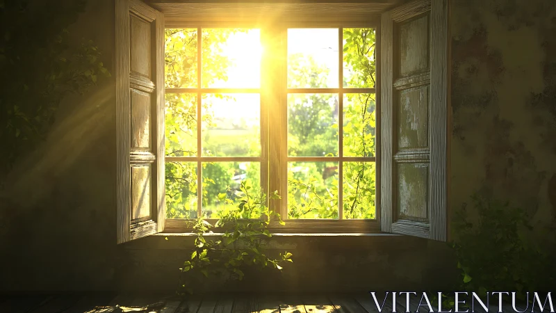 Golden sunrise pours through rustic wooden window frame.