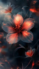 Luminous red floral forms rendered as translucent light filaments