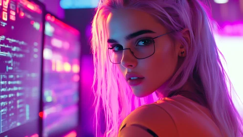 Pink haired woman at neon screens in cyber workspace.