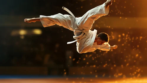 Martial artist executing airborne throw on lit arena mat.