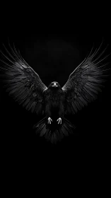 Black bird with extended wings on uniform dark background.