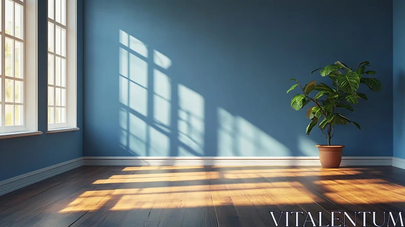 Sunlit blue interior with hardwood floor and single potted plant