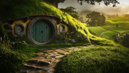 Earth-sheltered round-door dwelling in grassy hillside landscape.