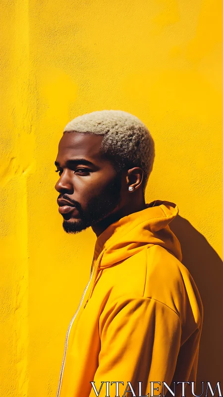 Portrait against bold yellow wall in monochrome styling.