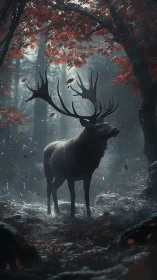 Majestic stag stands in a misty crimson forest at dawn