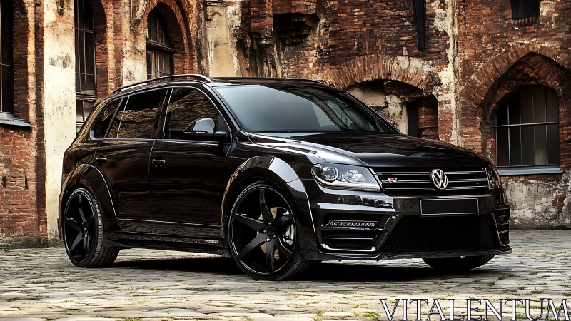 Bold black Volkswagen SUV stands confident by rustic brick walls