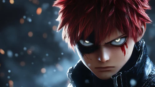 Cinematic close-up of red-haired warrior with glowing eyes