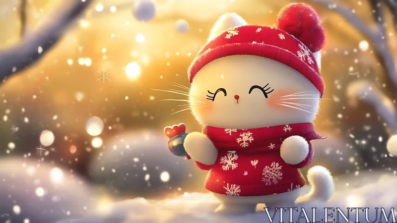 Snowy winter kitten in red knitwear under warm bokeh light