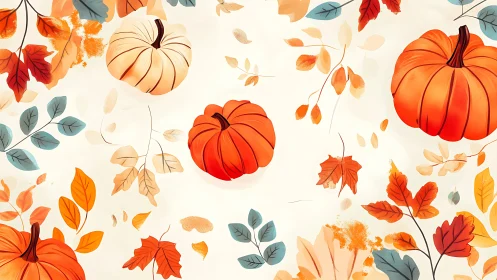Playful pumpkins drift among watercolor autumn leaves