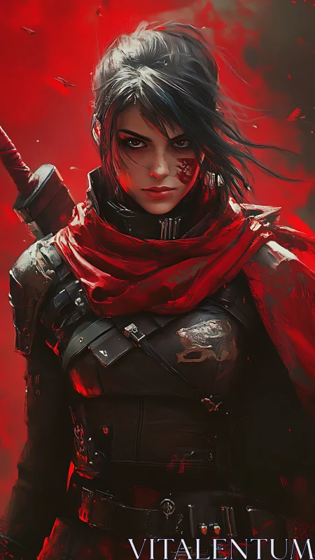 Armored rogue swordswoman in dynamic red-saturated battlefield haze