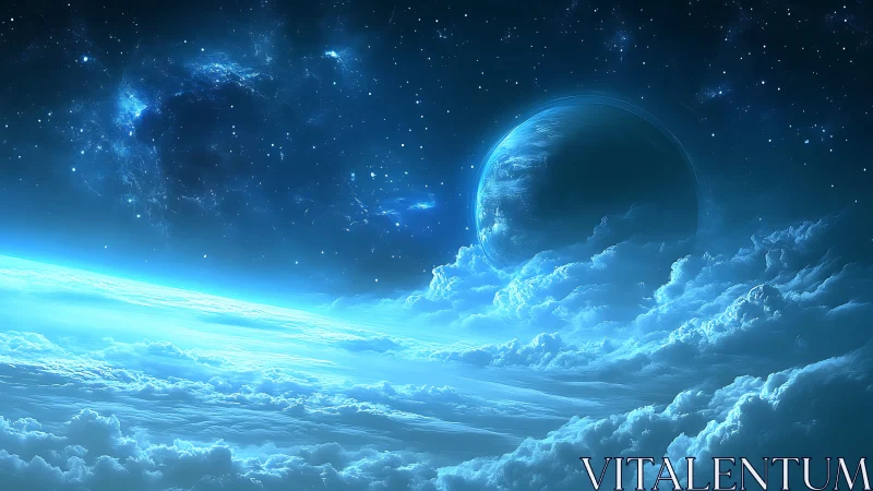 Distant blue planet rising above glowing cloud horizon.