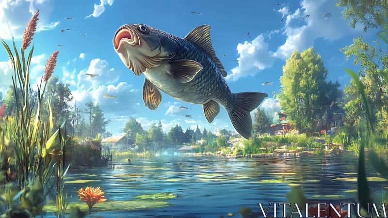 Giant leaping fish dominates a bright, idyllic lakeside village
