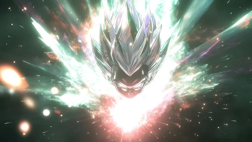 Energy-charged anime warrior head framed by explosive light