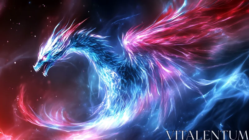 Energetic cosmic dragon rendered in vivid neon light forms.