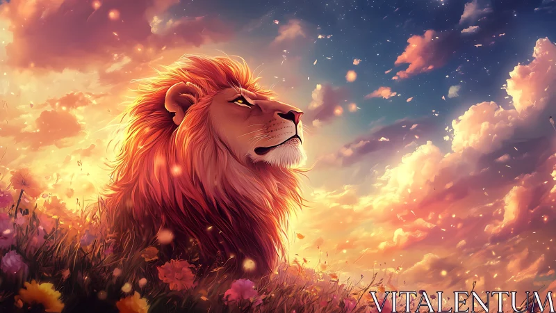 Majestic lion gazes toward glowing sunset sky in bloom