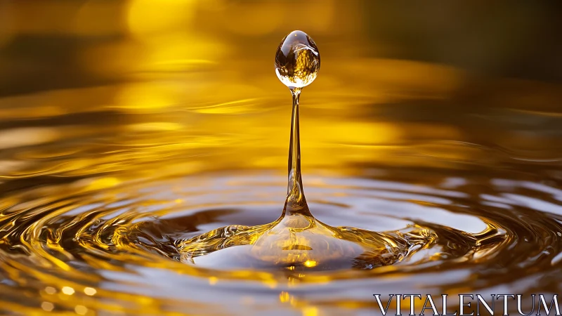Golden water droplet forms central splash amid rippling pool