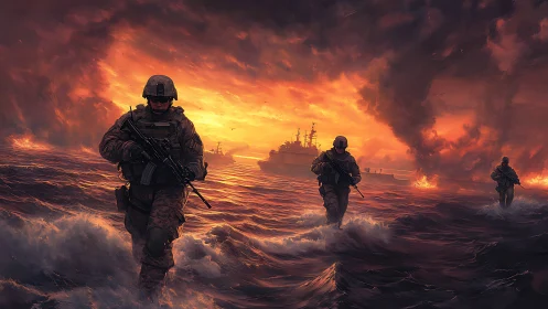 Armed soldiers advance through rough sea under burning sky