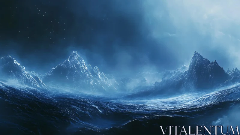 Frozen ocean waves under jagged blue mountain peaks.