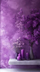 Purple florals and candles form tonal monochrome vignette.