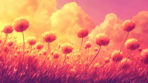 Sunlit dandelion field glows beneath radiant clouded sky