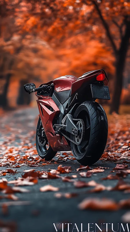 Photorealistic sport motorcycle on autumn roadway perspective.