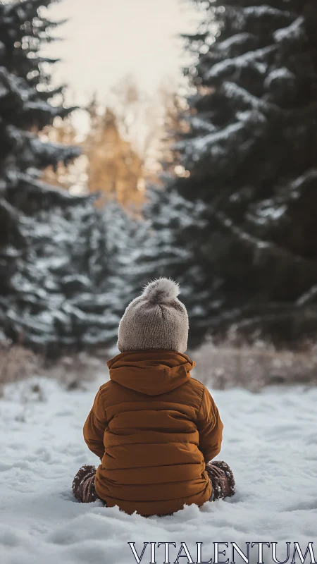 Small explorer sits quietly in a softly snow-covered forest