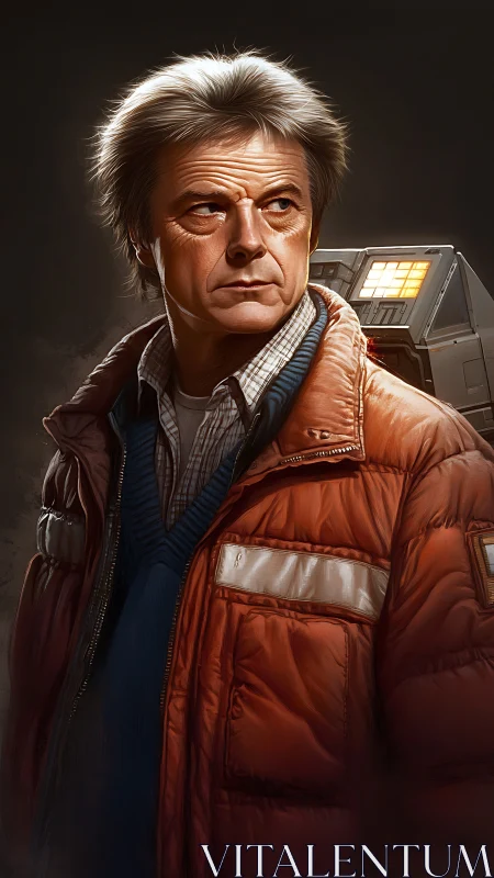 Timeworn tinkerer in ember jacket before humming machine.