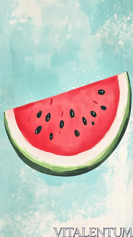 Watermelon slice illustration on textured teal background.