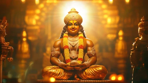 Golden Hindu deity idol glows under divine temple light.