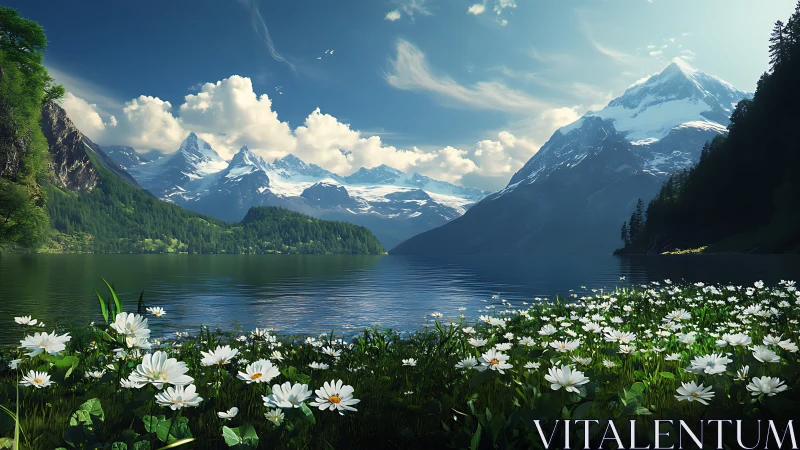 Mountain lake with snow peaks and foreground wildflowers.
