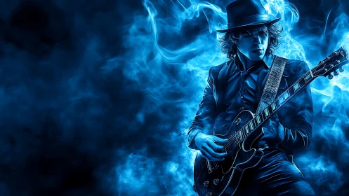Electric blue guitarist in dynamic digital flame silhouette.