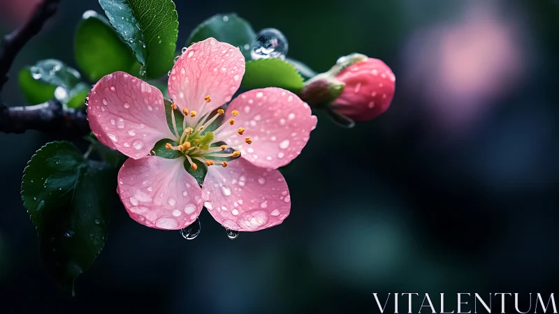 Pink Blossoms With Raindrops on Dark Background.