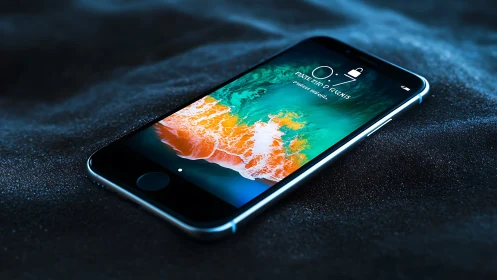 Smartphone displaying satellite earth imagery on dark surface.