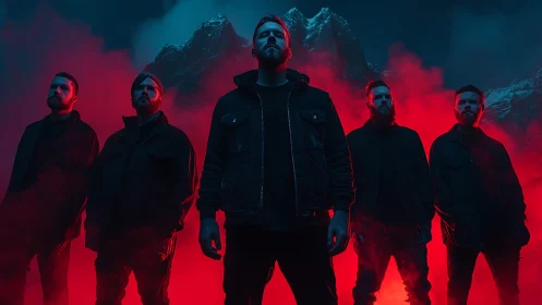 Five men stand in red fog with dark mountain backdrop