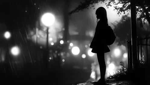 Rain-soaked city lights cradle a lone waiting silhouette girl