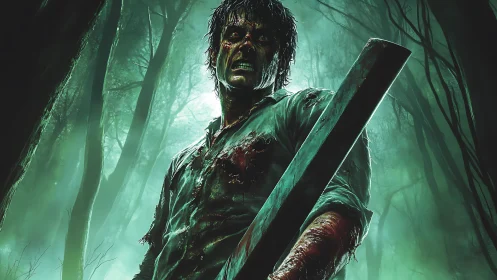 Bloodied survivor holding weapon in eerie green forest.