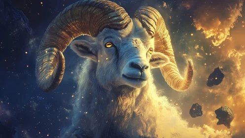 Celestial ram emerges from glowing nebula in cosmic night